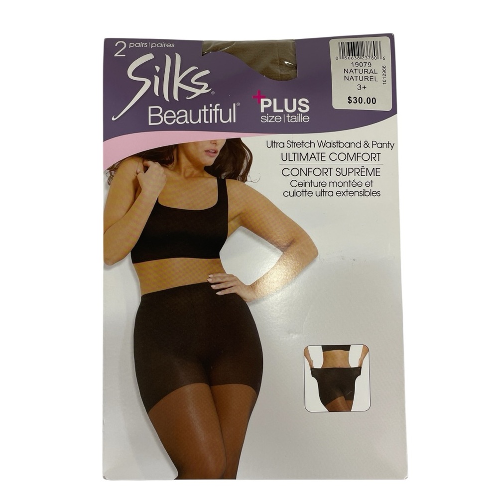 Silks Beautiful 2 Pairs Plus Size Natural Ultra Stretch Sheer Pantyhose Size 3+